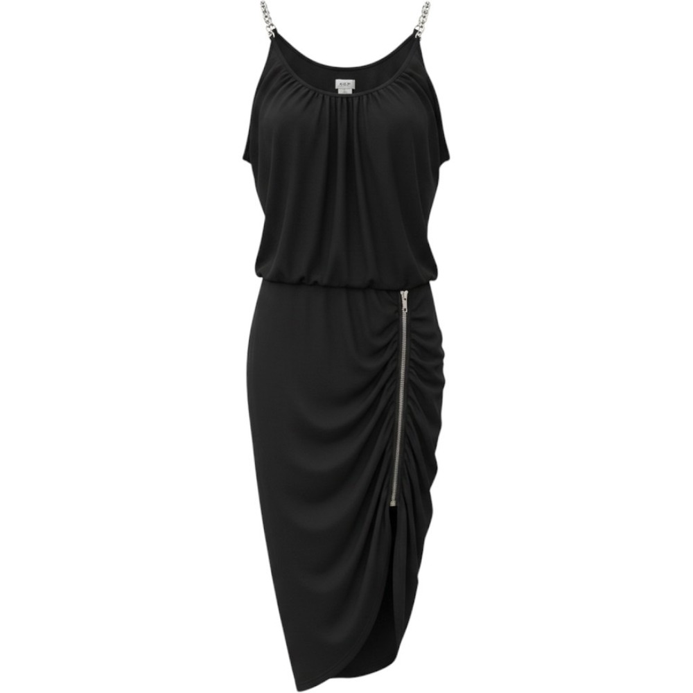 Cache Ruched Chain Strap Blouson Dress Medium Black